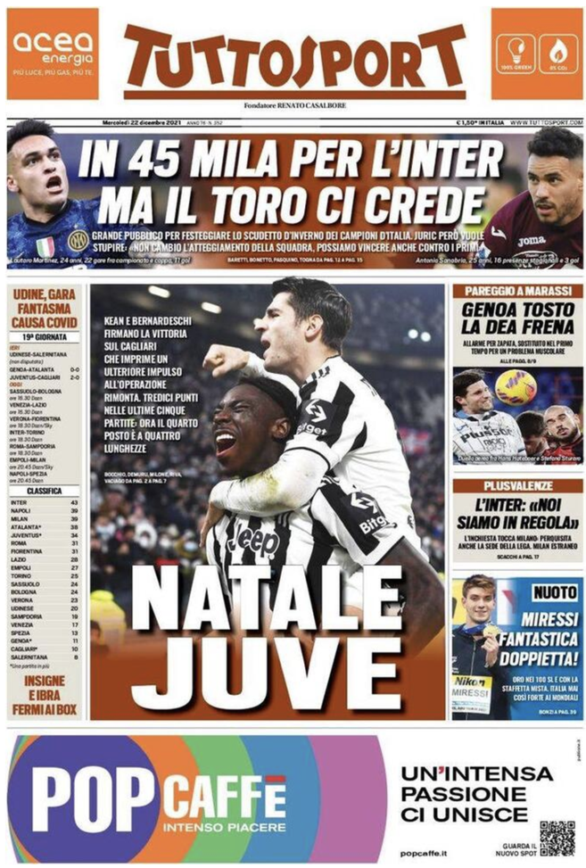Prima Pagina, Tuttosport: “Natale Juve, in 45 mila per l’Inter. La Dea frena”  prima pagina