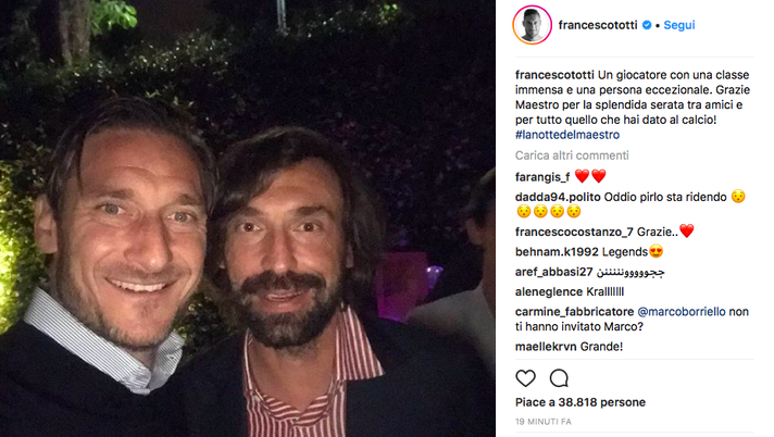 La Notte del Maestro, Totti saluta Pirlo: &#8220;Grazie per tutto quello che hai dato al calcio, sei eccezionale!&#8221; 