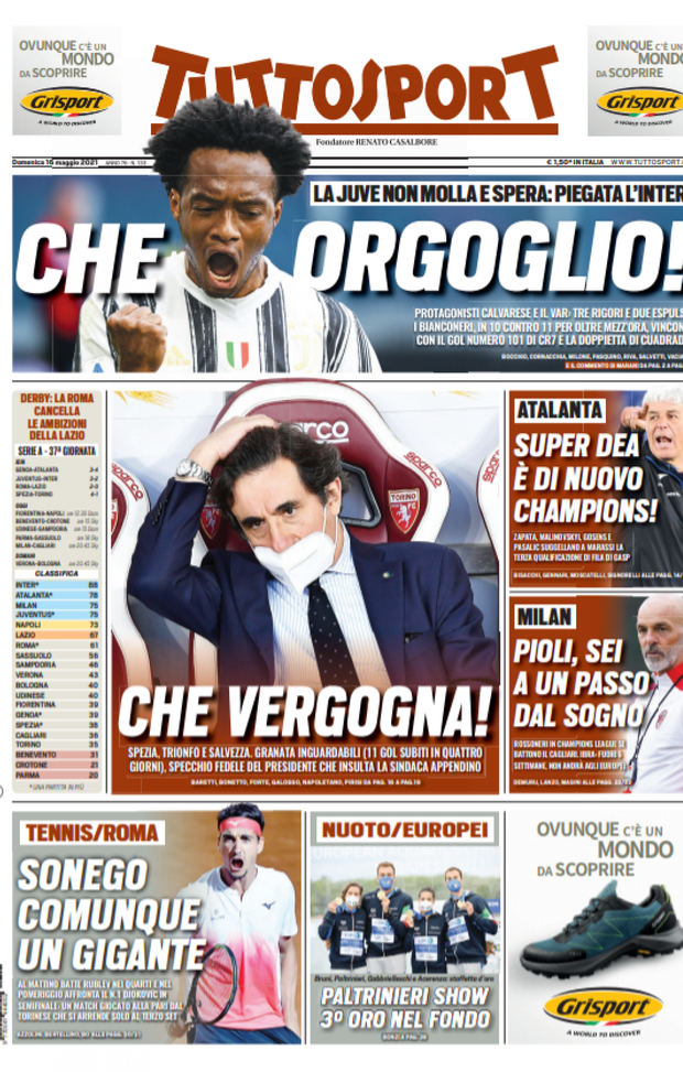 Prima Pagina, Tuttosport: “Che orgoglio! La Juve non molla e spera. Che vergogna! Granata inguardabili” Prima Pagina, Tuttosport: “Che orgoglio! La Juve non molla e spera. Che vergogna! Granata inguardabili”