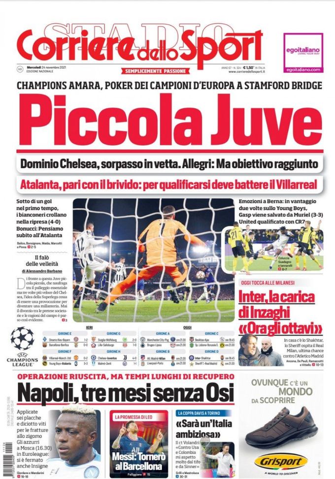 Prima Pagina, Corriere dello Sport: “Piccola Juve. Atalanta, pari con il brivido” 