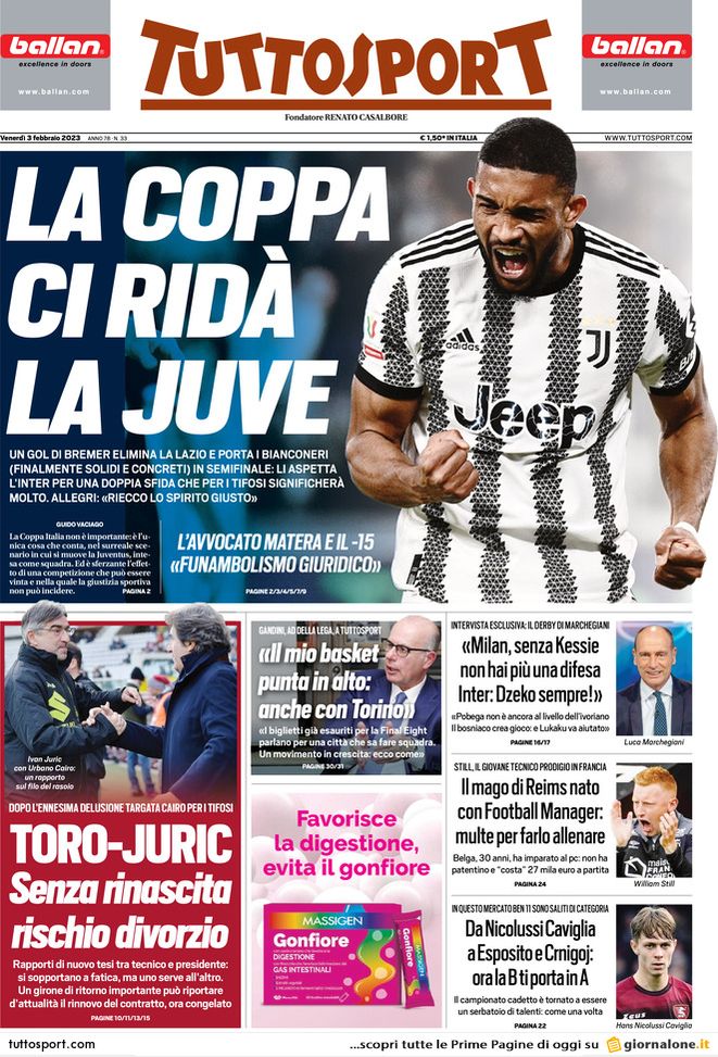 Prima pagina Tuttosport 03-02-2023
