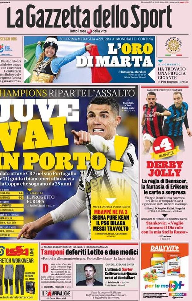  La Gazzetta dello Sport, la prima pagina di oggi, mercoledì 17 febbraio 2021 