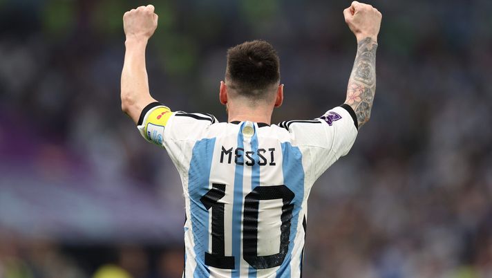 LUSAIL CITY, QATAR - DECEMBER 13: Lionel Messi of Argentina celebrates after scoring their sides first goal from the penalty spot during the FIFA World Cup Qatar 2022 semi final match between Argentina and Croatia at Lusail Stadium on December 13, 2022 in Lusail City, Qatar. (Photo by Richard Heathcote/Getty Images) messi argentina