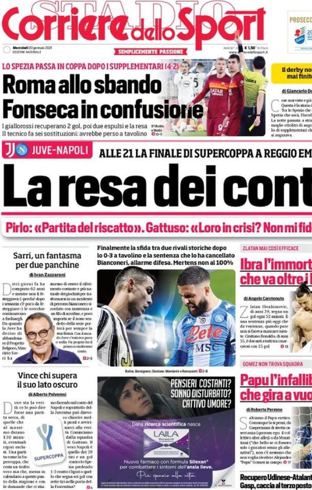 Prima Pagina, Corriere dello Sport: “Juve-Napoli, la resa dei conti! Lo Spezia batte la Roma, è caos”  Prima Pagina, Corriere dello Sport: “Juve-Napoli, la resa dei conti! Lo Spezia batte la Roma, è caos”