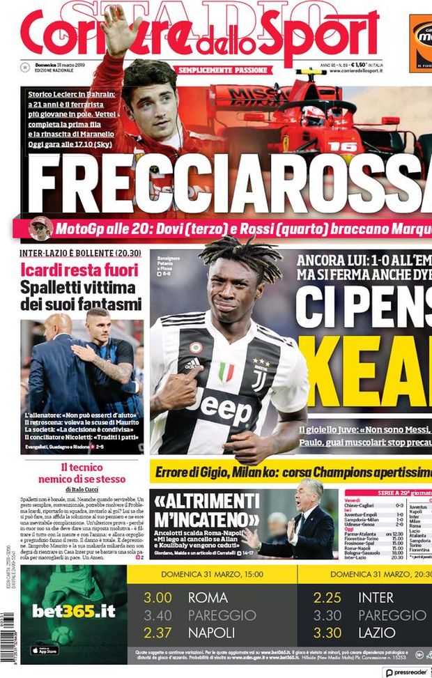 Prima Pagina, Corriere dello Sport: “Ci pensa Kean. ‘Altrimenti mi incateno’. Icardi resta fuori” Prima Pagina, Corriere dello Sport: “Ci pensa Kean. ‘Altrimenti mi incateno’. Icardi resta fuori”