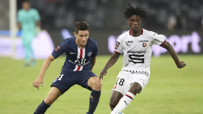 SHENZHEN, CHINA - AUGUST 03: Eduardo Camavinga of Stade Rennais FC in action during the 2019 Trophee des Champions between Paris saint-Germain and Stade Rennais FC at Shenzhen Uniersiade Sports Center on August 3, 2019 in Shenzhen, China. (Photo by Lintao Zhang/Getty Images)