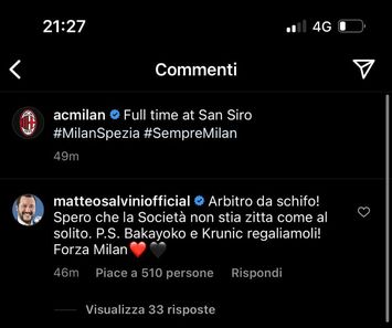 Milan, Salvini: “Arbitro da schifo. La società non stia zitta ...