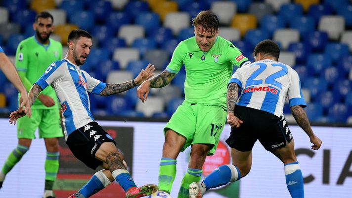 NAPLES, ITALY - APRIL 22: Ciro Immobile of SS Lazio compete for the ball with Matteo Politano and Giovanni Di Lorenzo of SSC Napoli during the Serie A match between SSC Napoli and SS Lazio at Stadio Diego Armando Maradona on April 22, 2021 in Naples, Italy. (Photo by Marco Rosi - SS Lazio/Getty Images) NAPLES, ITALY - APRIL 22: Ciro Immobile of SS Lazio compete for the ball with Matteo Politano and Giovanni Di Lorenzo of SSC Napoli during the Serie A match between SSC Napoli and SS Lazio at Stadio Diego Armando Maradona on April 22, 2021 in Naples, Italy. (Photo by Marco Rosi - SS Lazio/Getty Images)
