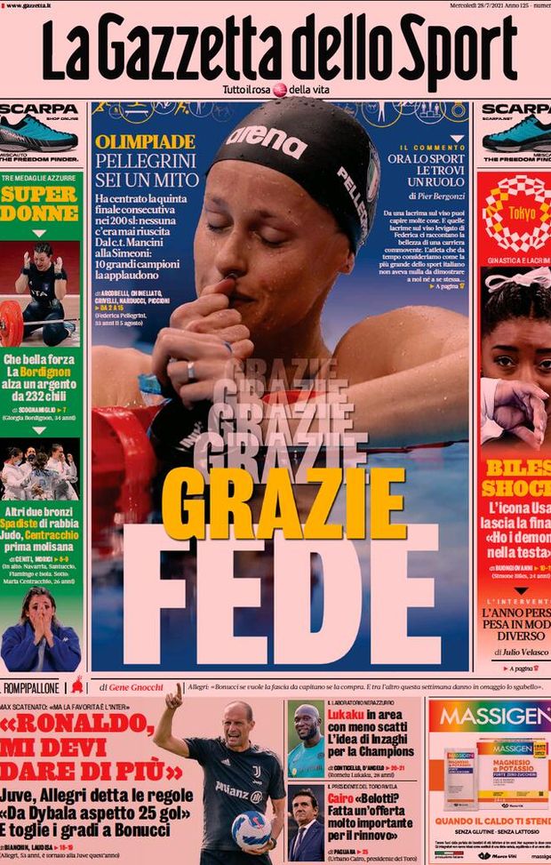 Prima Pagina, La Gazzetta dello Sport:: “Grazie Fede. Juve, Allegri detta le regole  Prima Pagina, La Gazzetta dello Sport:: “Grazie Fede. Juve, Allegri detta le regole