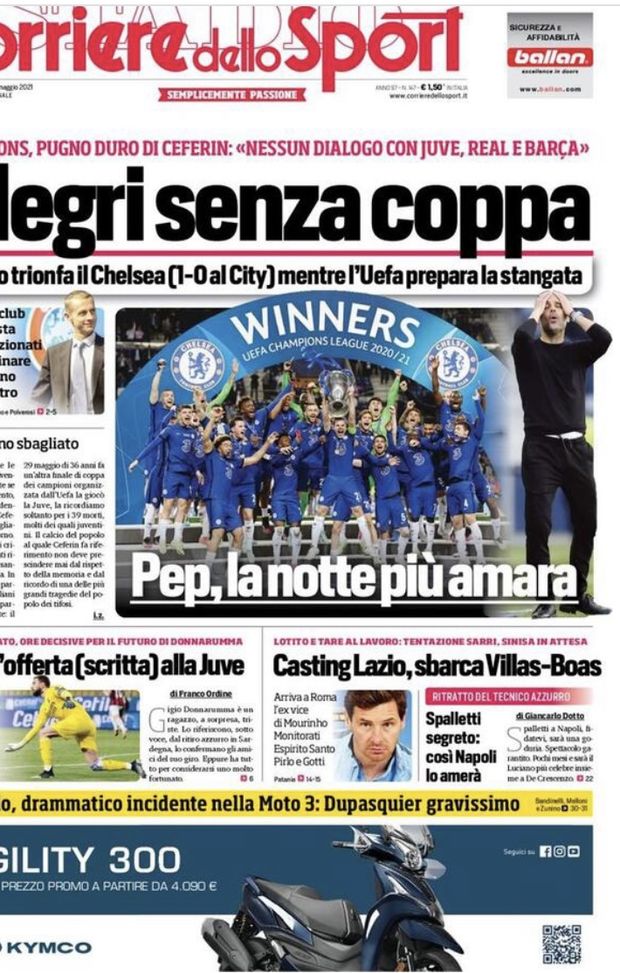 Prima Pagina, Corriere dello Sport: “Allegri senza coppa. Gigio, l’offerta (scritta) alla Juve. Lazio, sbarca Villas-Boas” 