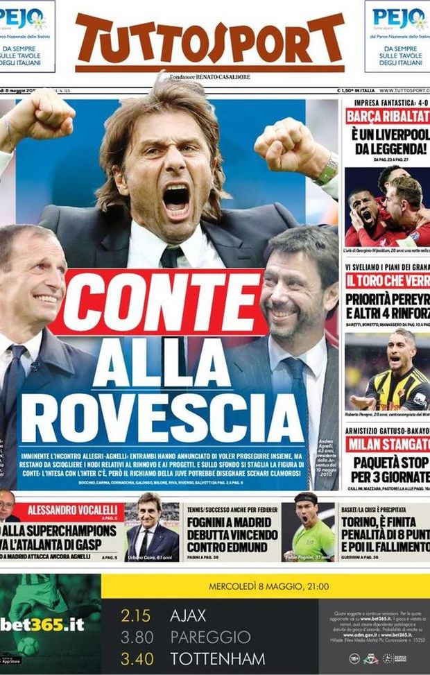 Prima Pagina, Tuttosport: “Liverpool da leggenda. Conte alla rovescia. Milan stangato”  Prima Pagina, Tuttosport: “Liverpool da leggenda. Conte alla rovescia. Milan stangato”