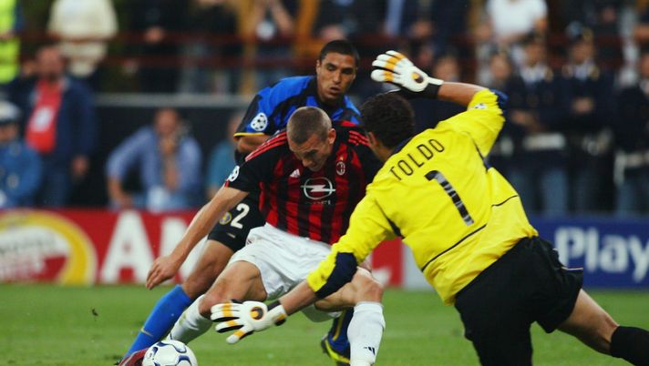 MILAN - MAY 13: Andrei Shevchenko of AC Milan scores the opening goal during the UEFA Champions League semi-final, second leg match between Inter Milan and AC Milan on May 13 2003, at the San Siro Stadium in Milan, Italy. The match ended in a 1-1 draw. AC Milan progress to the Final on the away goals rule. (Photo by Phil Cole/Getty Images) MILAN - MAY 13: Andrei Shevchenko of AC Milan scores the opening goal during the UEFA Champions League semi-final, second leg match between Inter Milan and AC Milan on May 13 2003, at the San Siro Stadium in Milan, Italy. The match ended in a 1-1 draw. AC Milan progress to the Final on the away goals rule. (Photo by Phil Cole/Getty Images)