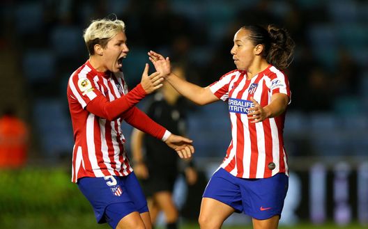 MANCHESTER, ENGLAND - OCTOBER 16: Veronica Charlyn Corral of Atletico Madrid Femenino celebrates with Elena Linari after scoring her goal during the UEFA Women's Champions League Round of 16 First Leg match between Manchester City Women and Atletico Madrid Femenino at The Academy Stadium on October 16, 2019 in Manchester, England. (Photo by Alex Livesey/Getty Images) MANCHESTER, ENGLAND - OCTOBER 16: Veronica Charlyn Corral of Atletico Madrid Femenino celebrates with Elena Linari after scoring her goal during the UEFA Women's Champions League Round of 16 First Leg match between Manchester City Women and Atletico Madrid Femenino at The Academy Stadium on October 16, 2019 in Manchester, England. (Photo by Alex Livesey/Getty Images)