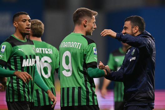 REGGIO NELL'EMILIA, ITALY - APRIL 03: Andrea Pinamonti of US Sassuolo celebrates the team's first goal during the Serie A match between US Sassuolo and Torino FC at Mapei Stadium - Citta' del Tricolore on April 03, 2023 in Reggio nell'Emilia, Italy. (Photo by Alessandro Sabattini/Getty Images)