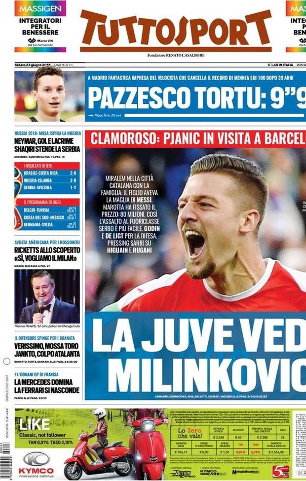 Prima Pagina, Tuttosport: “La Juve vede Milinkovic. Pazzesco Tortu: 9″99! Musa ispira la Nigeria. Ricketts allo scoperto…” Prima Pagina, Tuttosport: “La Juve vede Milinkovic. Pazzesco Tortu: 9″99! Musa ispira la Nigeria. Ricketts allo scoperto…”