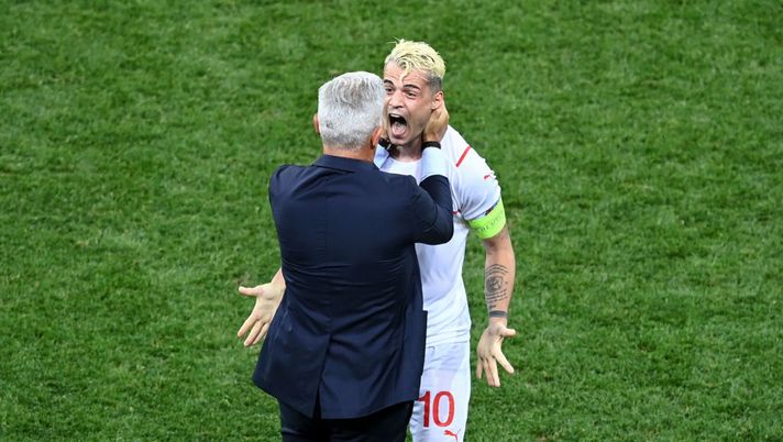 BUCHAREST, ROMANIA - JUNE 28: Vladimir Petkovic, Head Coach of Switzerland celebrates with Granit Xhaka of Switzerland after victory in the penalty shoot out in the UEFA Euro 2020 Championship Round of 16 match between France and Switzerland at National Arena on June 28, 2021 in Bucharest, Romania. (Photo by Mihai Barbu - Pool/Getty Images) BUCHAREST, ROMANIA - JUNE 28: Vladimir Petkovic, Head Coach of Switzerland celebrates with Granit Xhaka of Switzerland after victory in the penalty shoot out in the UEFA Euro 2020 Championship Round of 16 match between France and Switzerland at National Arena on June 28, 2021 in Bucharest, Romania. (Photo by Mihai Barbu - Pool/Getty Images)