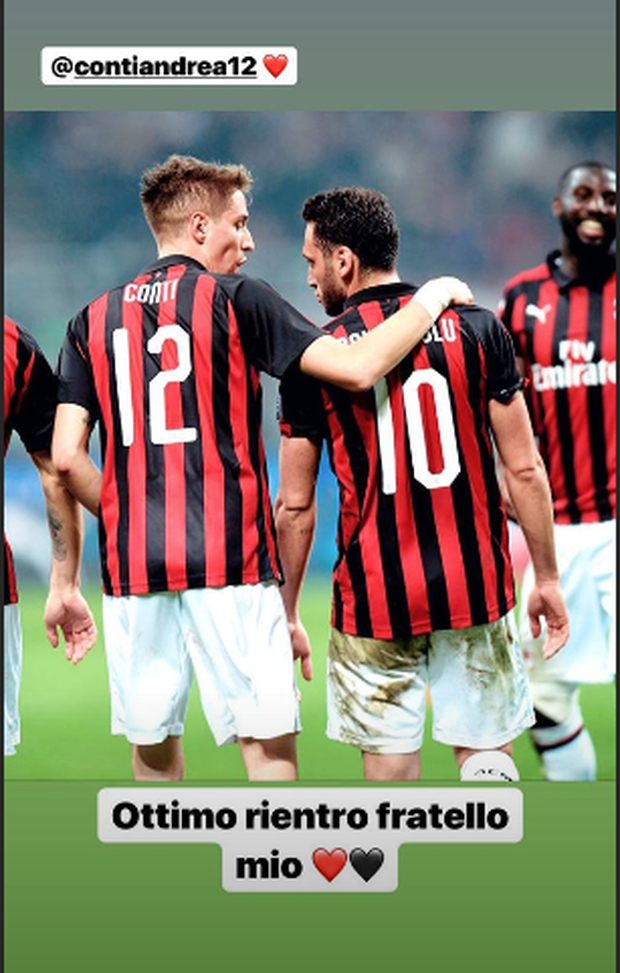 Andrea Conti e Hakan Calhanoglu, Milan, foto Instagram Stories Calhanoglu 