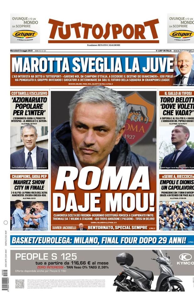 Prima Pagina, Tuttosport: “Roma, daje Mou! Marotta sveglia la Juve. Toro Belotti ai tifosi…”  Prima Pagina, Tuttosport: “Roma, daje Mou! Marotta sveglia la Juve. Toro Belotti ai tifosi…”