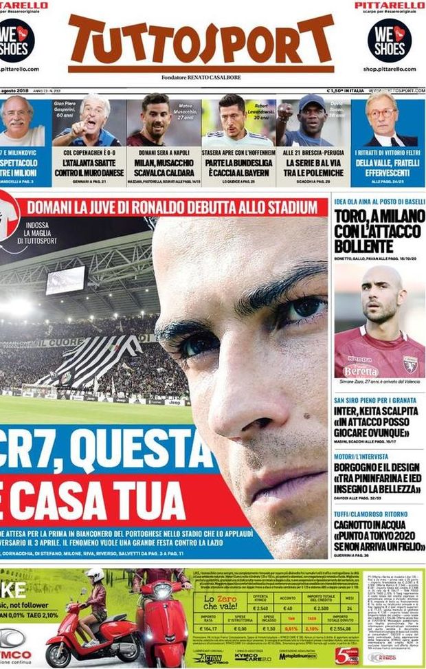 Prima Pagina, Tuttosport: “CR7, questa è casa tua. Musacchio scavalca Caldara. Keita scalpita…” Prima Pagina, Tuttosport: “CR7, questa è casa tua. Musacchio scavalca Caldara. Keita scalpita…”