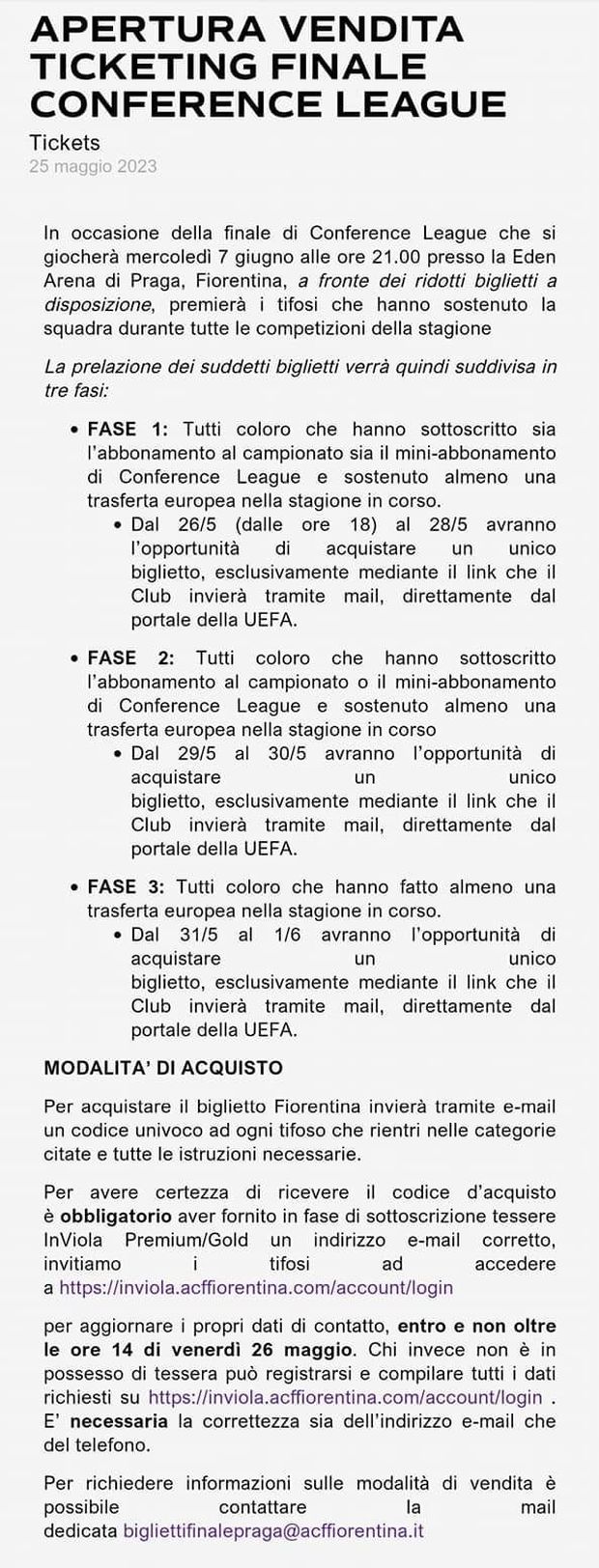 Al via domani la vendita dei biglietti per Fiorentina-West Ham. Tutti i dettagli- immagine 2