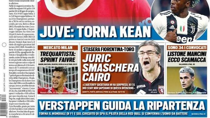 Prima Pagina, Tuttosport: “CR7 United! Lautaro-Correa gol, rimonta Inter” Prima Pagina, Tuttosport: “CR7 United! Lautaro-Correa gol, rimonta Inter”