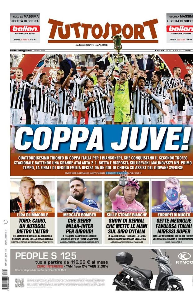 Prima Pagina, Tuttosport: “Coppa Juve! Cairo, un autogol dietro l’altro. Che derby Milan-Inter per Giroud!” Prima Pagina, Tuttosport: “Coppa Juve! Cairo, un autogol dietro l’altro. Che derby Milan-Inter per Giroud!”