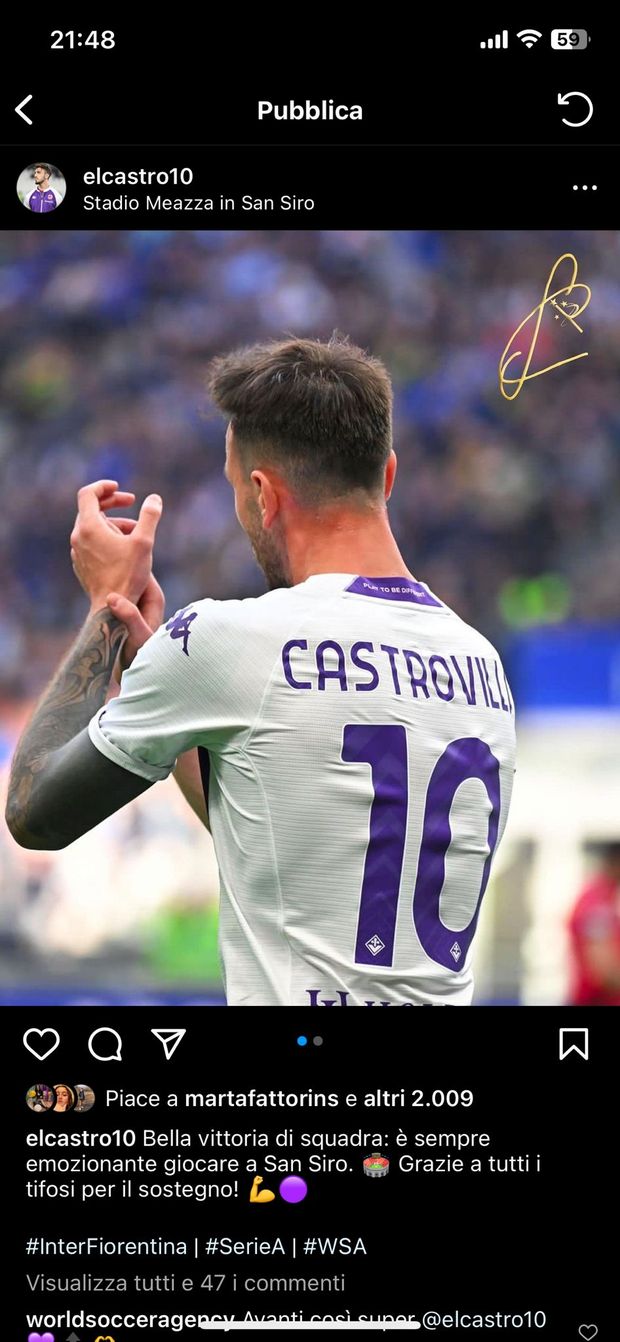 Castrovilli sui social: “Vittoria di squadra. Che emozione giocare a San Siro”- immagine 2