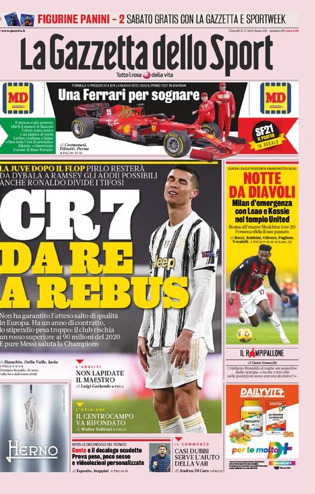 Prima Pagina, La Gazzetta dello Sport: “CR7 da re a rebus. Notte da Diavoli, Milan d’emergenza” 