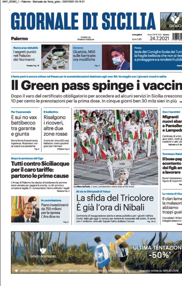 Prima Pagina, Giornale di Sicilia: “Il Green pass spinge i vaccini”  Prima Pagina, Giornale di Sicilia: “Il Green pass spinge i vaccini”