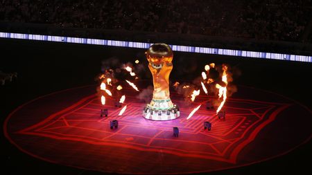 AL KHOR, QATAR - NOVEMBER 20: Fireworks explode during the pre match ceremony prior to the FIFA World Cup Qatar 2022 Group A match between Qatar and Ecuador at Al Bayt Stadium on November 20, 2022 in Al Khor, Qatar. (Photo by Elsa/Getty Images)