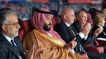 MOSCOW, RUSSIA - JUNE 14: Asian Football Confederation President Sheikh Salman bin Ibrahim al Khalifa, Saudi Arabia's Crown Prince Mohammed Bin Salman Al Saud, FIFA President Gianni Infantino, and Russia's President Vladimir Putin (L-R) during the opening ceremony prior to the 2018 FIFA World Cup Russia Group A match between Russia and Saudi Arabia at Luzhniki Stadium on June 14, 2018 in Moscow, Russia. (Photo by Pool/Getty Images) MOSCOW, RUSSIA - JUNE 14: Asian Football Confederation President Sheikh Salman bin Ibrahim al Khalifa, Saudi Arabia's Crown Prince Mohammed Bin Salman Al Saud, FIFA President Gianni Infantino, and Russia's President Vladimir Putin (L-R) during the opening ceremony prior to the 2018 FIFA World Cup Russia Group A match between Russia and Saudi Arabia at Luzhniki Stadium on June 14, 2018 in Moscow, Russia. (Photo by Pool/Getty Images)