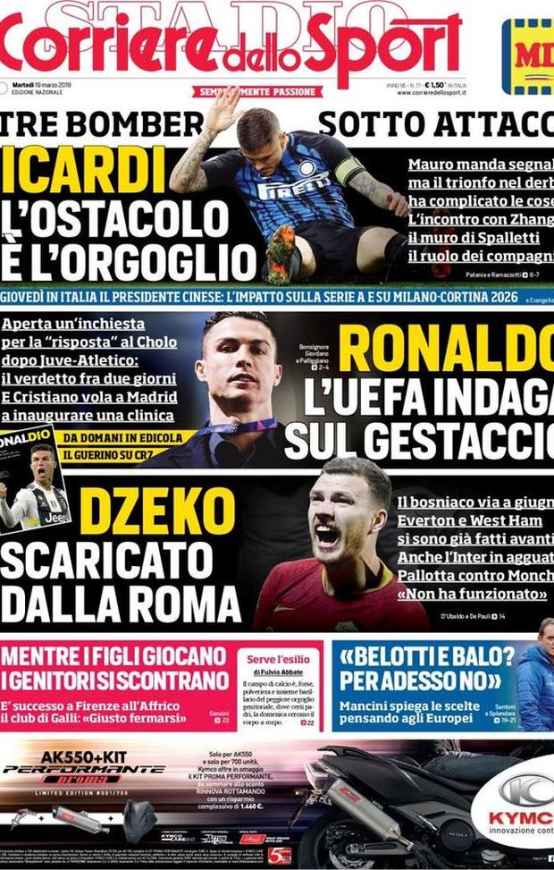 Prima Pagina, Corriere dello Sport: “Icardi, Dzeko e Ronaldo: tre bomber sotto attacco”. Prima Pagina, Corriere dello Sport: “Icardi, Dzeko e Ronaldo: tre bomber sotto attacco”.