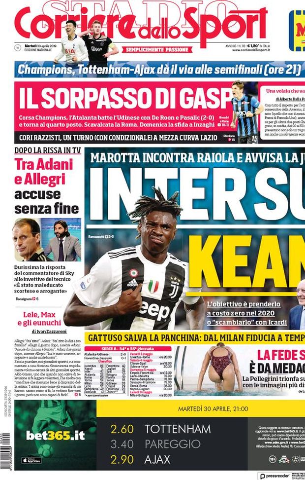 Prima Pagina, Corriere dello Sport: “Inter su Kean. Il sorpasso di Gasp. Tra Adani e Allegri accuse senza fine” Prima Pagina, Corriere dello Sport: “Inter su Kean. Il sorpasso di Gasp. Tra Adani e Allegri accuse senza fine”