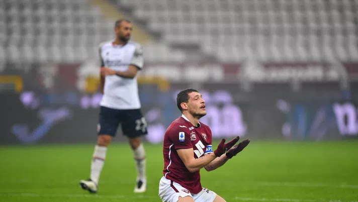 TURIN, ITALY - DECEMBER 20: Andrea Belotti of Torino reacts during the Serie A match between Torino FC and Bologna FC at Stadio Olimpico di Torino on December 20, 2020 in Turin, Italy. Sporting stadiums around Italy remain under strict restrictions due to the Coronavirus Pandemic as Government social distancing laws prohibit fans inside venues resulting in games being played behind closed doors. (Photo by Valerio Pennicino/Getty Images)