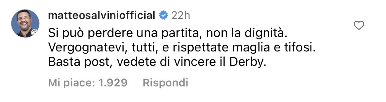 Milan-Sassuolo 2-5, Salvini sbotta su Instagram: “Vergognatevi tutti”- immagine 2