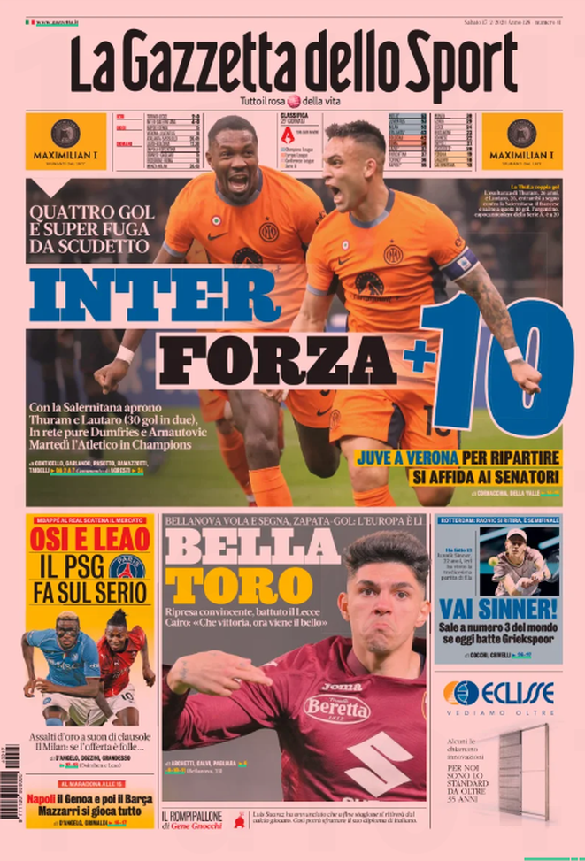 Prima Pagina La Gazzetta dello Sport 17-02-2024