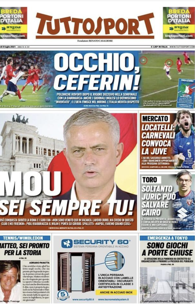 Prima Pagina, Tuttosport: “Mou, sei sempre tu! Occhio, Ceferin” 