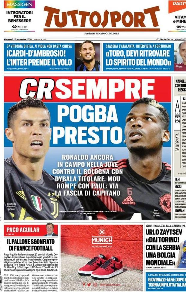 Prima Pagina, Tuttosport: “CRSempre, Pogba presto. L’Inter prende il volo. Napoli, 5 cambi: riecco Milik…” Prima Pagina, Tuttosport: “CRSempre, Pogba presto. L’Inter prende il volo. Napoli, 5 cambi: riecco Milik…”