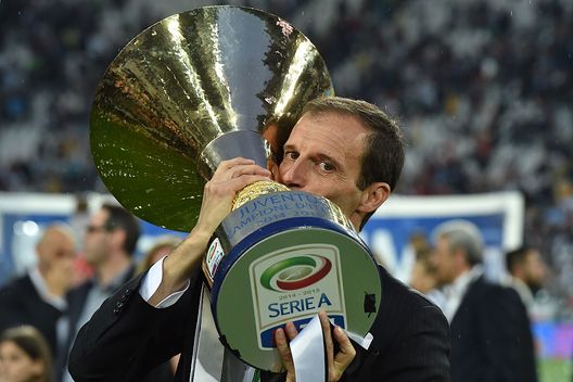 TURIN, ITALY - MAY 23: Juventus FC head coach Massimiliano Allegri celebrates with the Serie A Trophy at the end of the Serie A match between Juventus FC and SSC Napoli at Juventus Arena on May 23, 2015 in Turin, Italy. (Photo by Valerio Pennicino/Getty Images) TURIN, ITALY - MAY 23: Juventus FC head coach Massimiliano Allegri celebrates with the Serie A Trophy at the end of the Serie A match between Juventus FC and SSC Napoli at Juventus Arena on May 23, 2015 in Turin, Italy. (Photo by Valerio Pennicino/Getty Images)