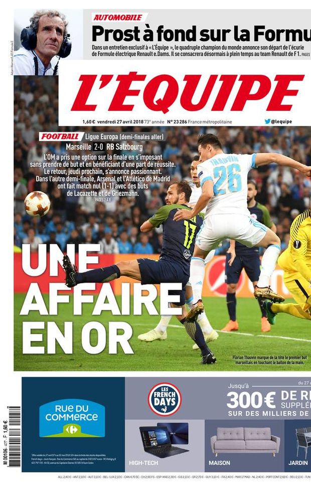 Prima Pagina, L’Équipe: “Un affare d’oro. L’OM si prende un vantaggio per la finale. Arsenal e Atletico pareggiano…” Prima Pagina, L’Équipe: “Un affare d’oro. L’OM si prende un vantaggio per la finale. Arsenal e Atletico pareggiano…”