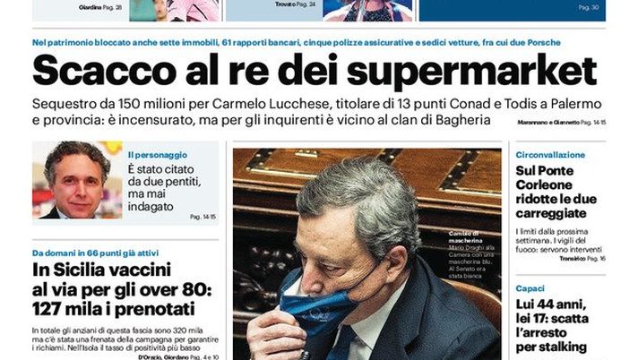 Prima Pagina, Giornale di Sicilia: “Scacco al re del supermarket. In Sicilia vaccini al via per gli over 80: 127 mila i prenotati”  Prima Pagina, Giornale di Sicilia: “Scacco al re del supermarket. In Sicilia vaccini al via per gli over 80: 127 mila i prenotati”