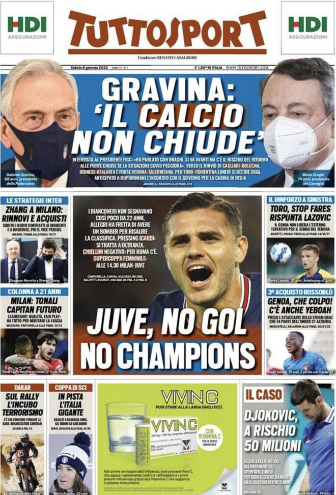 Prima Pagina, Tuttosport: “Gravina, il calcio non chiude. Juve, no gol no Champions”  prima pagina