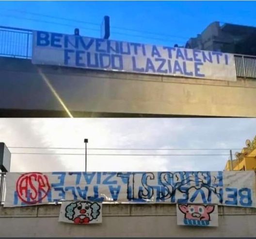 Derby della Capitale, a Talenti striscione capovolto con disegni di un pagliaccio e di un maiale- immagine 2