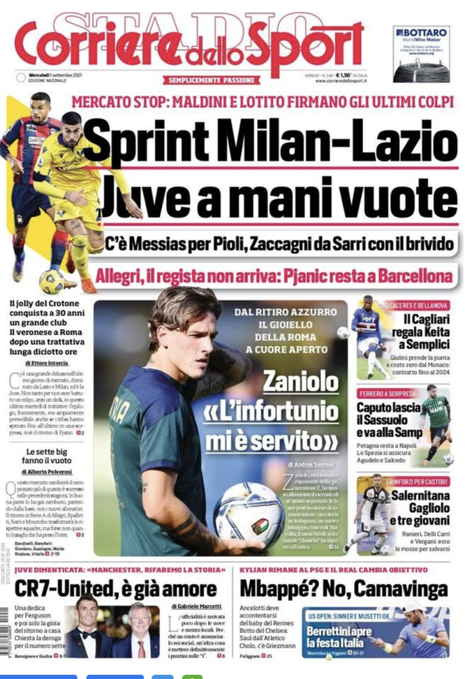Prima Pagina, Corriere dello Sport: &#8220;Sprint Milan-Lazio. Juventus a mani vuote&#8221; 