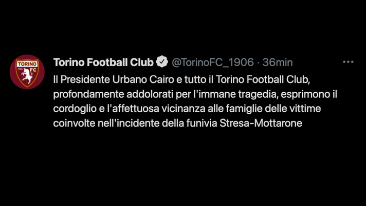 Tragedia sulla funivia Stresa-Mottarone, il Torino esprime il proprio cordoglio 
