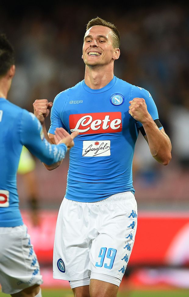 NAPLES, ITALY - AUGUST 27: Arkadiusz Milik and Jose Maria Callejon of Napoli celebrate a goal 1-0 scored by Lorenzo Insigne during the Serie A match between SSC Napoli and AC Milan at Stadio San Paolo on August 27, 2016 in Naples, Italy. (Photo by Francesco Pecoraro/Getty Images) NAPLES, ITALY - AUGUST 27: Arkadiusz Milik and Jose Maria Callejon of Napoli celebrate a goal 1-0 scored by Lorenzo Insigne during the Serie A match between SSC Napoli and AC Milan at Stadio San Paolo on August 27, 2016 in Naples, Italy. (Photo by Francesco Pecoraro/Getty Images)