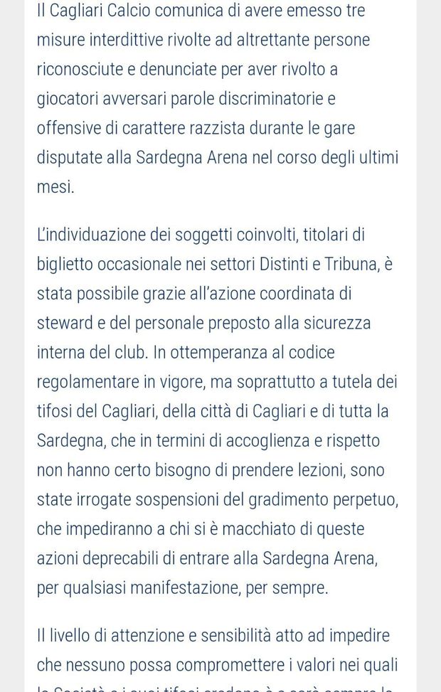 Razzismo: Cagliari senza mezze misure Razzismo: Cagliari senza mezze misure