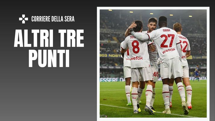 L'esultanza dei giocatori rossoneri al gol di Sandro Tonali (centrocampista AC Milan) in Verona-Milan 1-2 (Serie A 2022-2023) | News (Getty Images) esultanza gol Tonali AC Milan Verona-Milan 1-2 Serie A 2022-2023