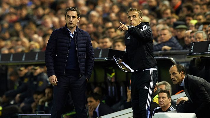VALENCIA, SPAIN - JANUARY 03:  Gary Neville (L) manager of Valencia CF and his assistant Phil Neville give instructions during the La Liga match between Valencia CF and Real Madrid CF at Estadi de Mestalla on January 03, 2016 in Valencia, Spain.  (Photo by Manuel Queimadelos Alonso/Getty Images) 