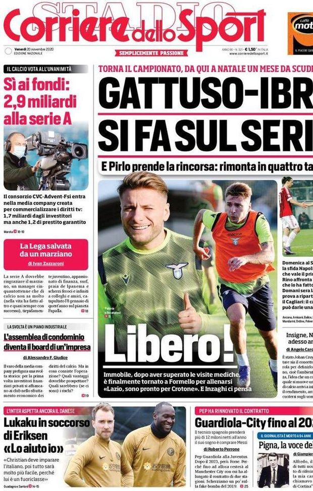  Corriere dello Sport, la prima pagina di oggi, venerdì 20 novembre 2020 